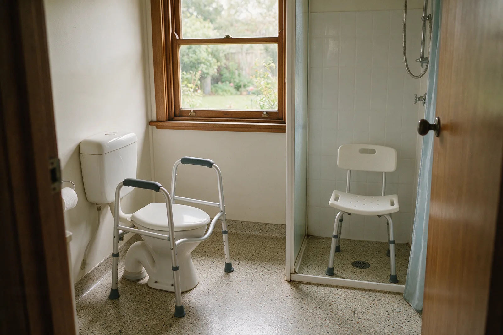 Post-war Dickson bathroom with a toilet safety frame and shower chair