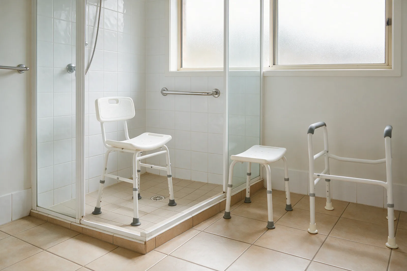 Shower chair, shower stool and toilet safety frame set up in a Canberra home bathroom