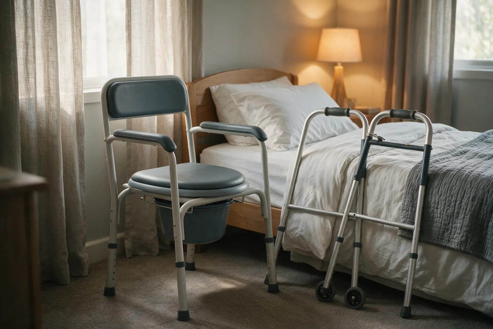 Bedside commode chair with armrests next to a single bed and walking frame