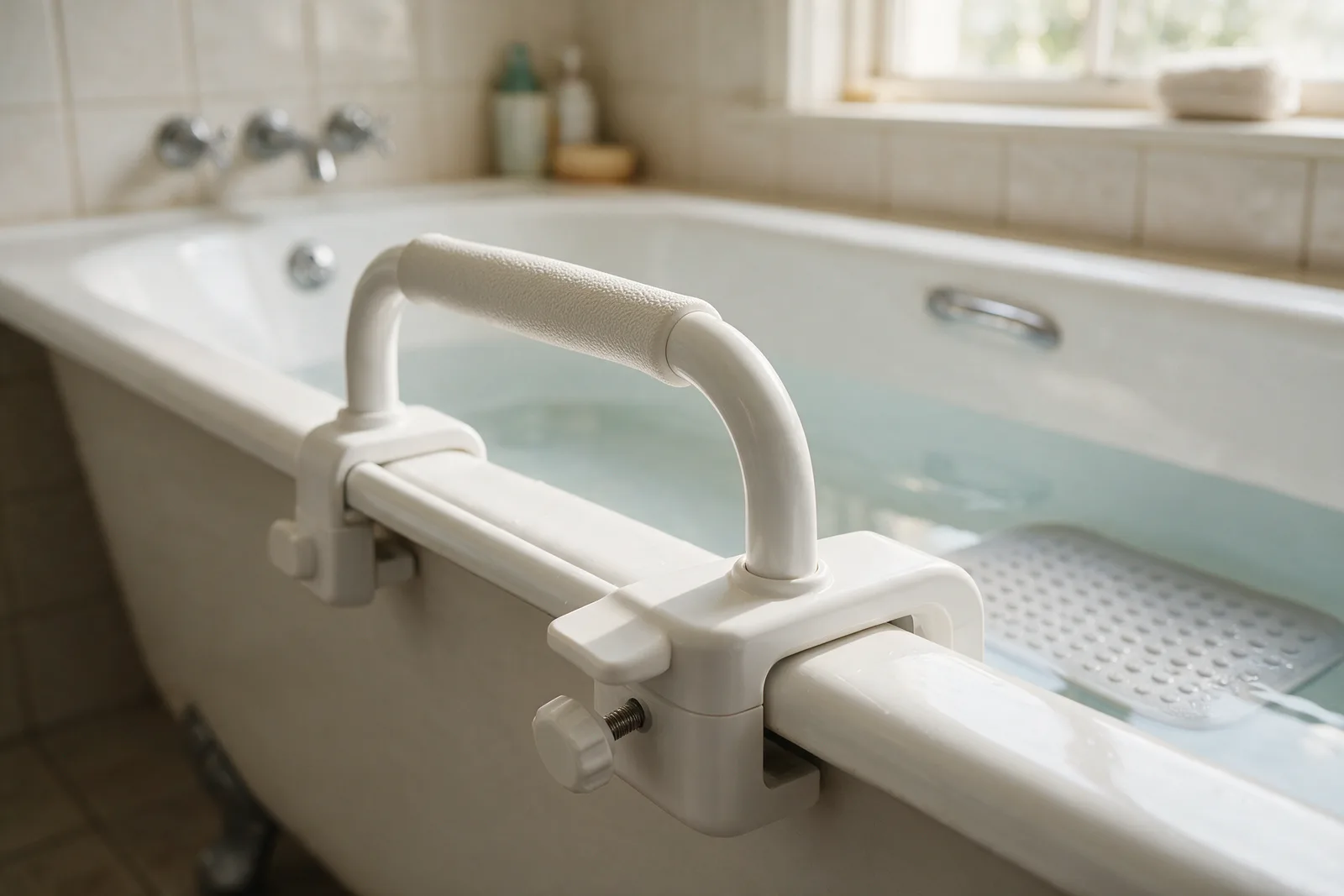 Portable bath safety rail clamped onto the edge of a bathtub