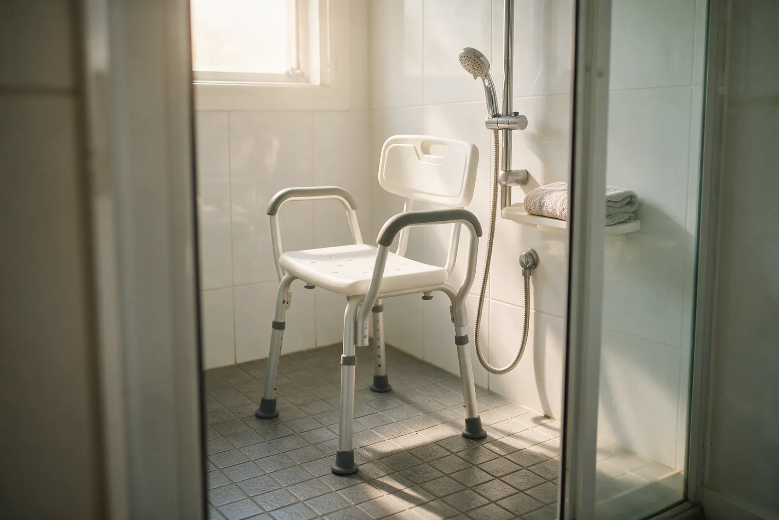 Shower chair with backrest and armrests in a walk-in shower with a handheld shower