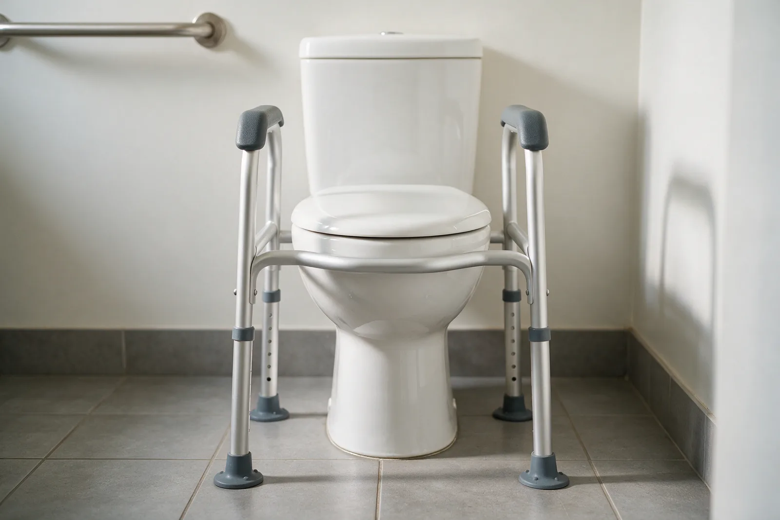 Freestanding toilet safety frame with padded armrests around a toilet